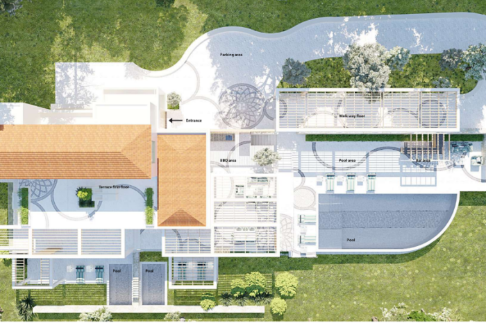 Overhead view of our Corfu villas in Kommeno, resembling a masterful architectural plan, showcasing the entire property's layout