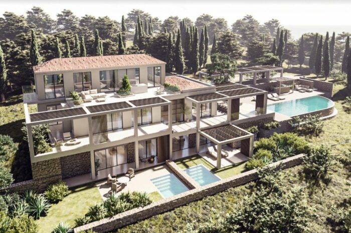 services at Luxury Villa Epavlis. In Picture you may see Panoramic aerial view of our luxurious villa complex in Corfu, nestled in the picturesque Kommeno Bay, providing a breathtaking perspective of the entire property