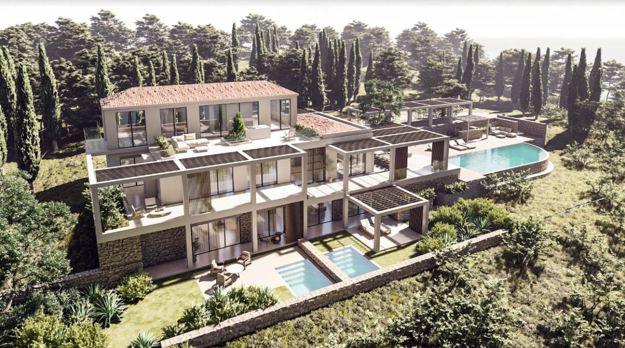 services at Luxury Villa Epavlis. In Picture you may see Panoramic aerial view of our luxurious villa complex in Corfu, nestled in the picturesque Kommeno Bay, providing a breathtaking perspective of the entire property